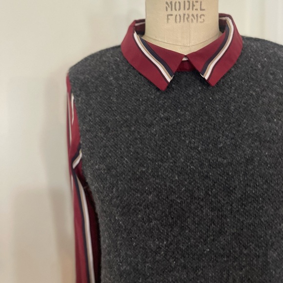 Daorae Gray Solid Sweater Vest With Striped Layered Blouse - Picture 8 of 8